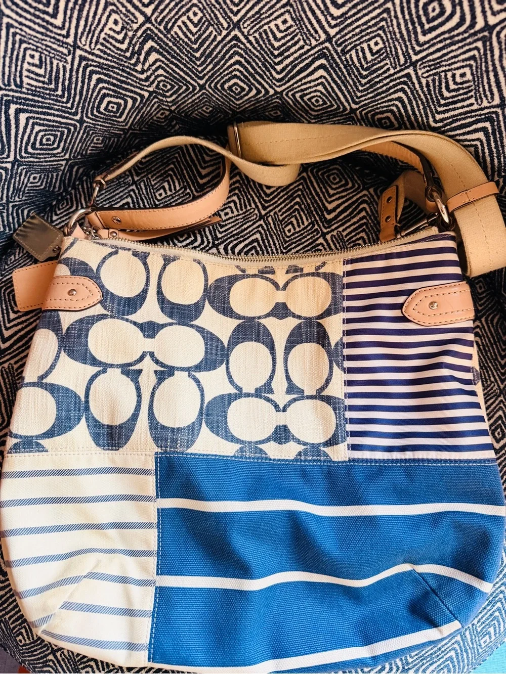 Coach Blue and Cream Patchwork Signature Shoulder Bag